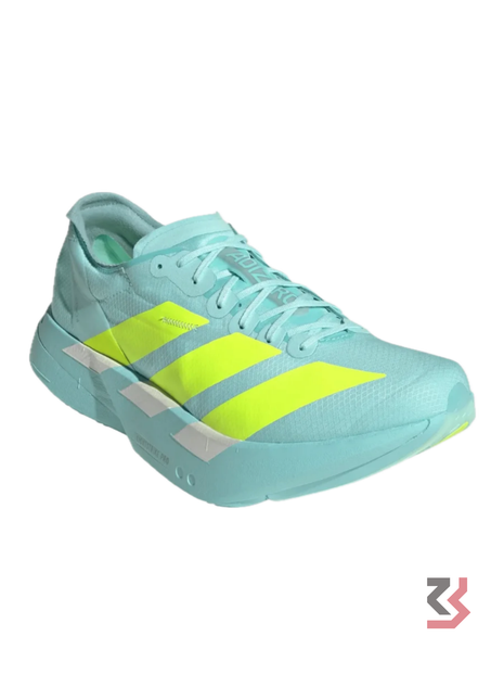 Adidas Adizero Adios Pro 4 running shoe in the Flash Aqua / Lucid Lemon